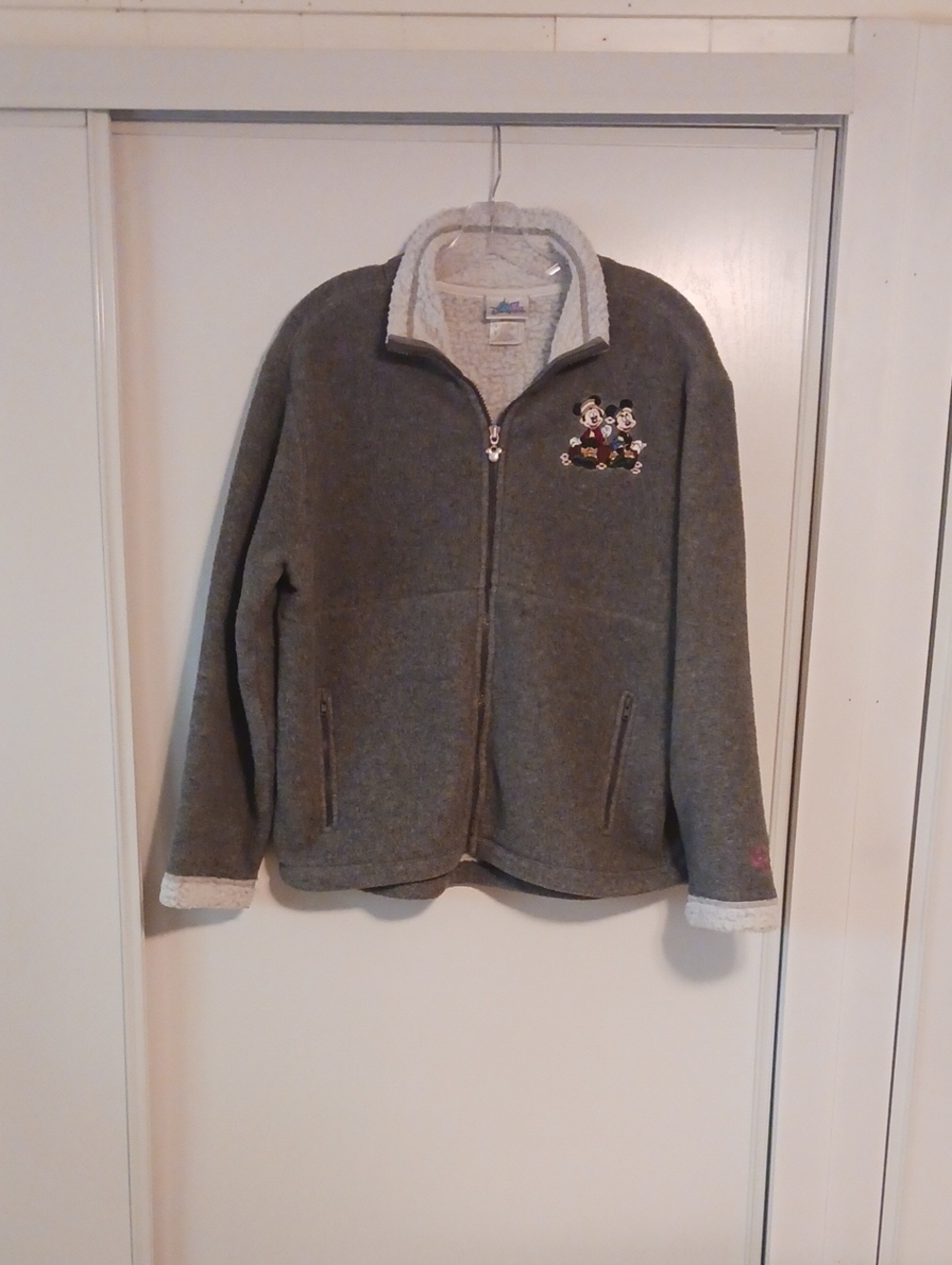 Disney Medium Gray Full-Zip Sherpa Jacket with Embroidered Characters